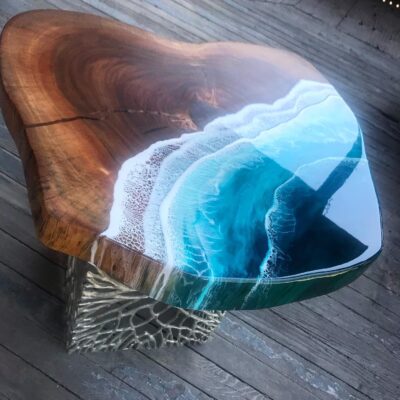 Epoxy Ocean Coffee Rounded Table with Heart Design - Woodify Canada