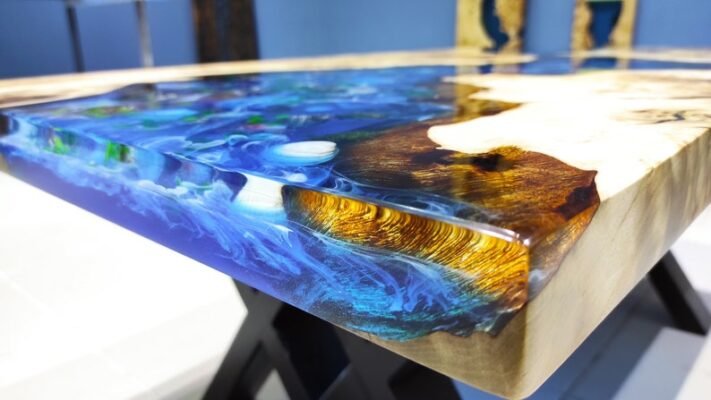 Custom Order Poplar Wood River Blue White Coastal Design Aquarium Epoxy Table Ocean Dining Table 0 HANDMADE