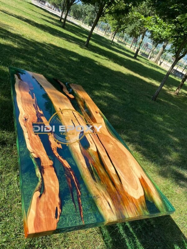Custom ''39x83'' inch Green Color Resin Juniper Wood Epoxy Dining Table