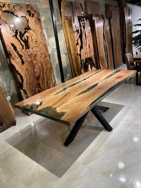 Custom Green Brown Color Epoxy River Table