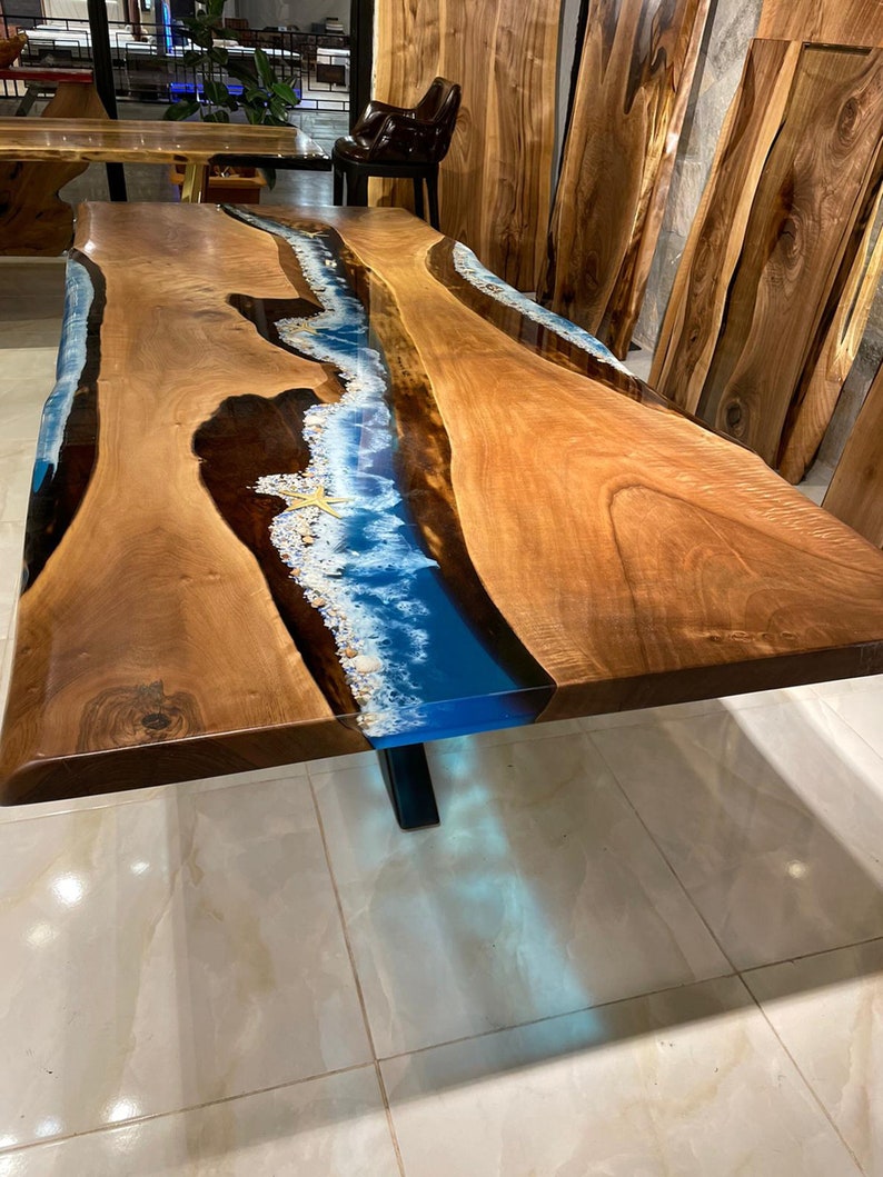 Ocean Waves Epoxy Resin Top Table Acacia Wooden Handmade Furniture
