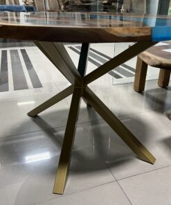Round Blue Epoxy Live Edge River Table with Gold Legs 3