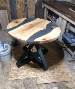 3ft D Smokey Grey Epoxy River Ambrosia Maple + Steel Legs