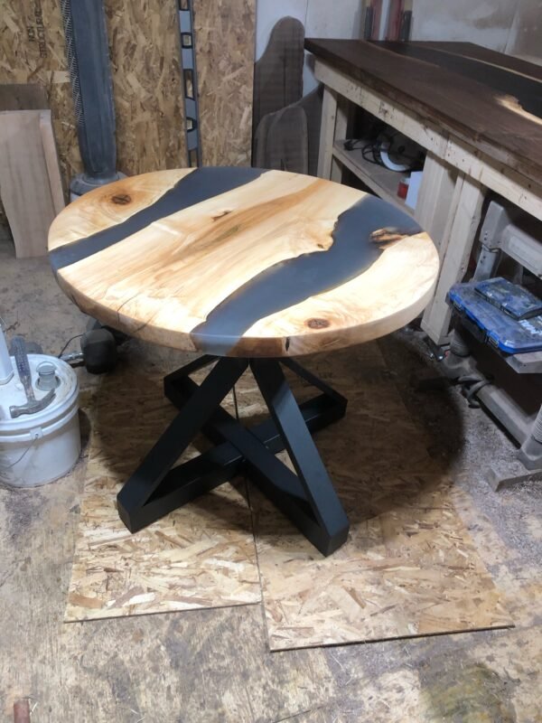 3ft D Smokey Grey Epoxy River Ambrosia Maple + Steel Legs