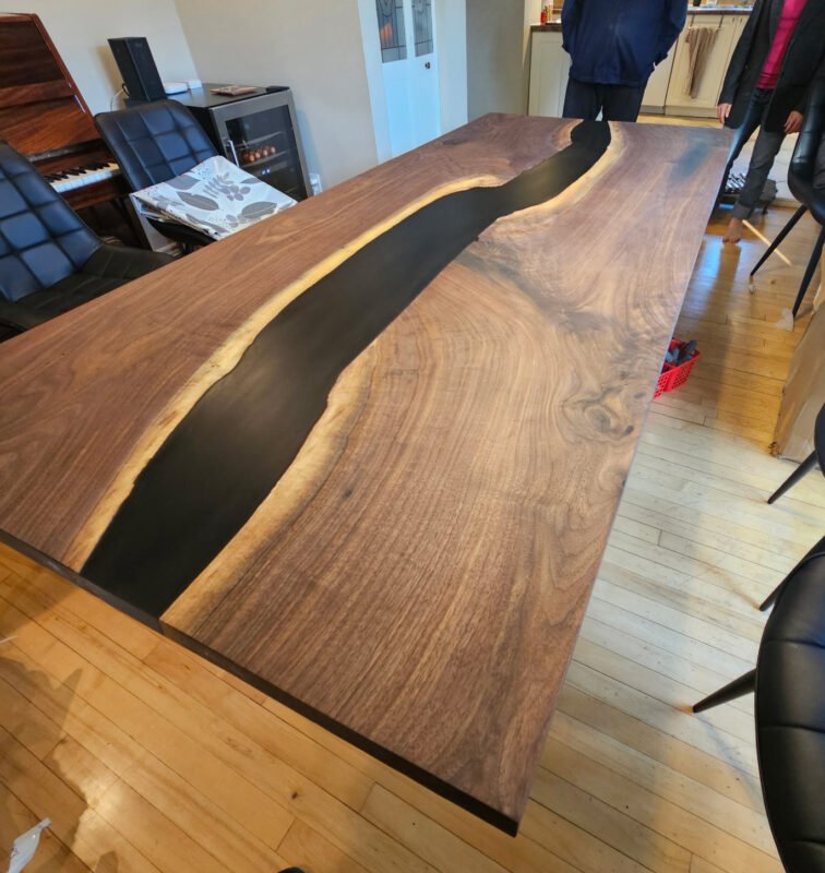 7.6ft x 40 Black Walnut + Epoxy River with Steel Legs