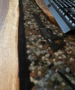 5ft 10" x 21" Black Walnut Epoxy Waterfall Desk with Rock & Tools Features 4