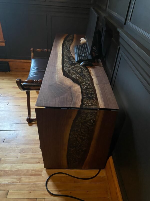 5ft 10" x 21" Black Walnut Epoxy Waterfall Desk with Rock & Tools Features 3