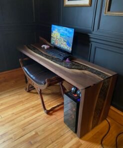 5ft 10" x 21" Black Walnut Epoxy Waterfall Desk with Rock & Tools Features 2