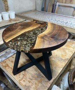 2ft Round Black Walnut Epoxy River with Rock Feature Coffee Table 4