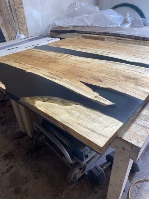 5ft x 5ft Ambrosia Maple Coffee Table with Semi-Clear Epoxy Rivers