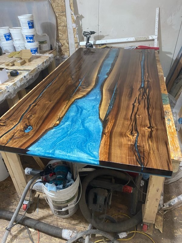 8ft x 3.5ft Black Walnut Clear Top Epoxy River Dining Table. 1