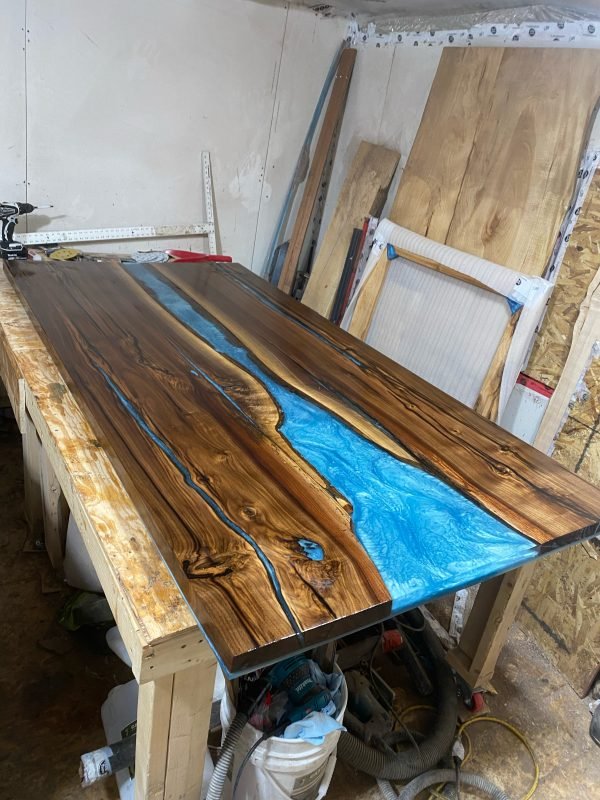 8ft x 3.5ft Black Walnut Clear Top Epoxy River Dining Table 3